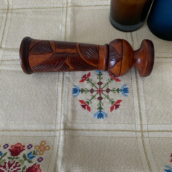 Hand Carved Wooden Decorative Vase with Fish and Flowers 8.5H & 2.75W - Picture 5 of 7